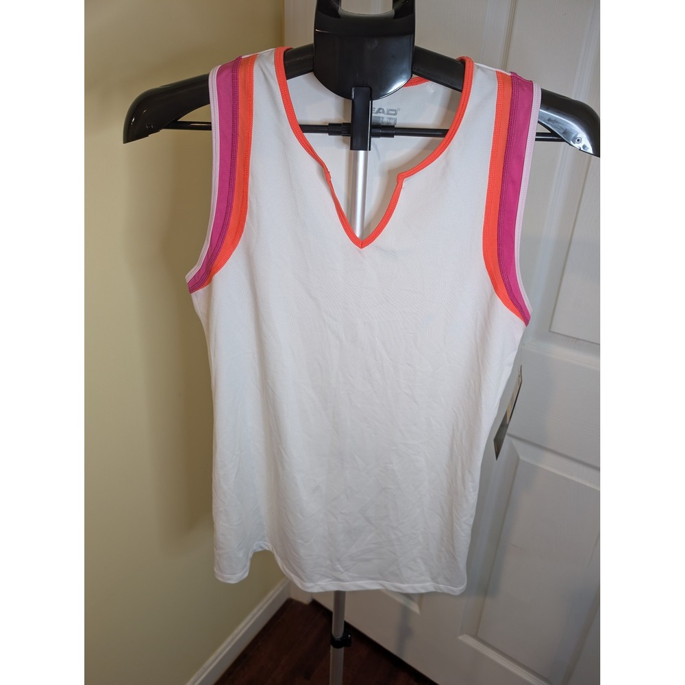 Head Tennis Tank Womens Large White Pink Orange Dri-Motion Slim Fit Split V NWT